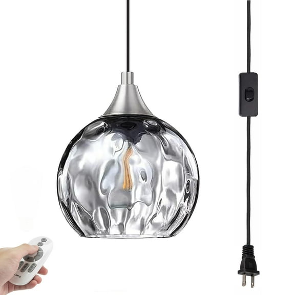 Kiven Plug in Pendant Light, Farmhouse Hanging Light Fixture with Remote and Grey Glass Globe, E26 Socket Dimmable Pendant Light for Bedroom Hallway Kitchen