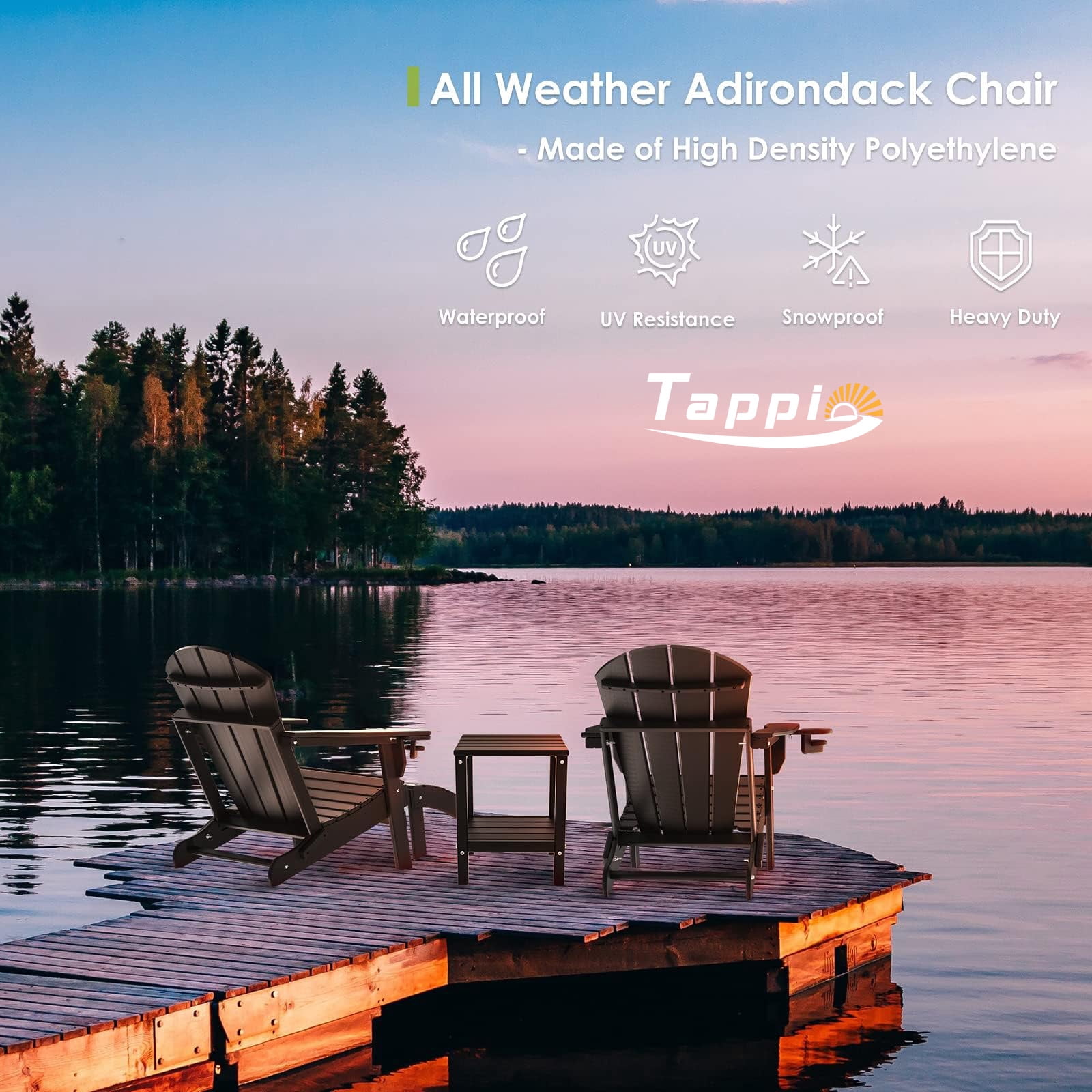 Tappio Foldable HDPE Adirondack Chair, Patio Seat All Weather Outdoor Patio Chair with Cup Holder for Lawn Yard Fire Pit, Wooden Textured, Black