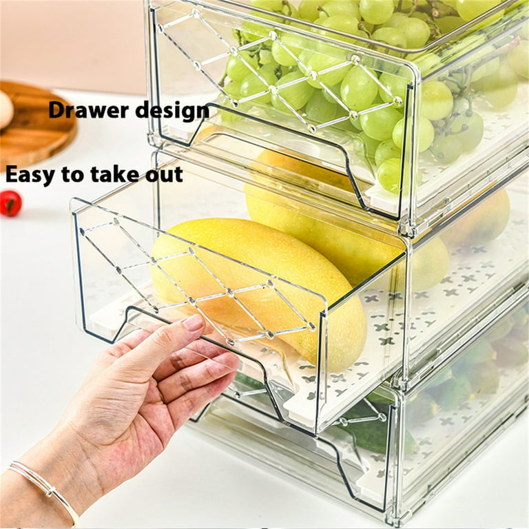 Fridge Organizer Bins Pantry Organization Storage Plastic Stackable Drawer  Container with Removable Drain Tray for Kitchen