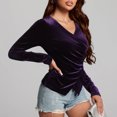 thumbnail image 5 of TKLPEHG Womens Tops V-Neck Velvet Ruched Tops Solid Color Lightweight Long Sleeve T Shirt Fall Tops Fashion Loose Comfy Casual Blouses Pullover (Purple,L), 5 of 7