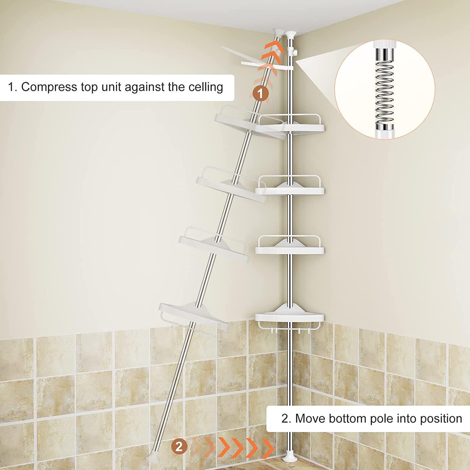 Corner Shower Caddy Tension Pole: Rust Proof 4Tier Shampoo Storage White