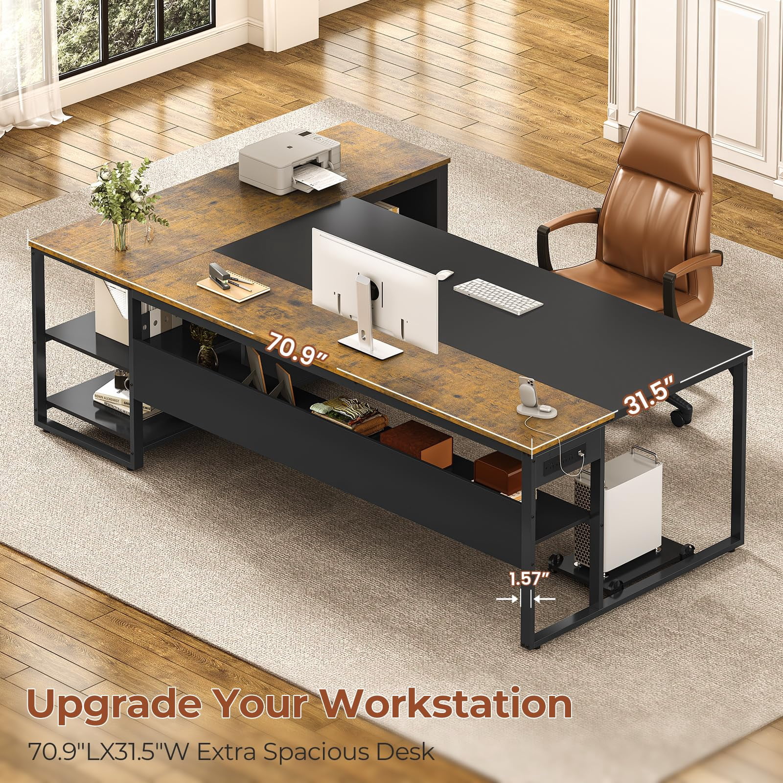 71" Executive Desk, Large Office Desk with Widen File Drawers & Power Outlets, Reversible L Shaped Computer Desk Corner Desk with Storage Shelves, CPU Stand, Hooks, Business Furniture