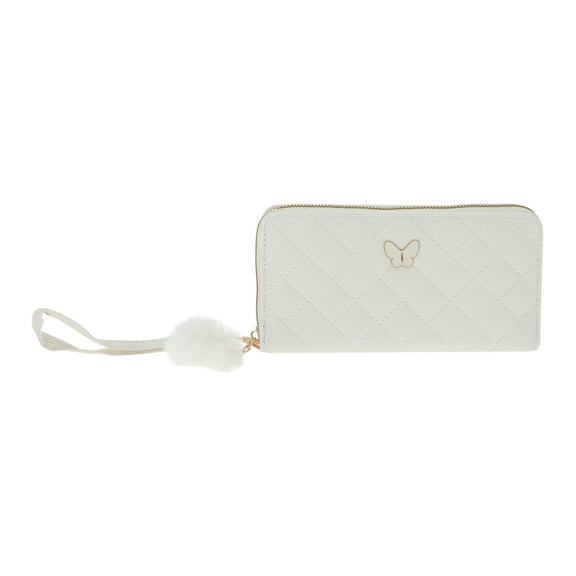 Unique Bargains 1 Pc Coin Purse Wallet Portable Rhombus Check Wristband Plush Pom Zip Coin Purse Pouch White