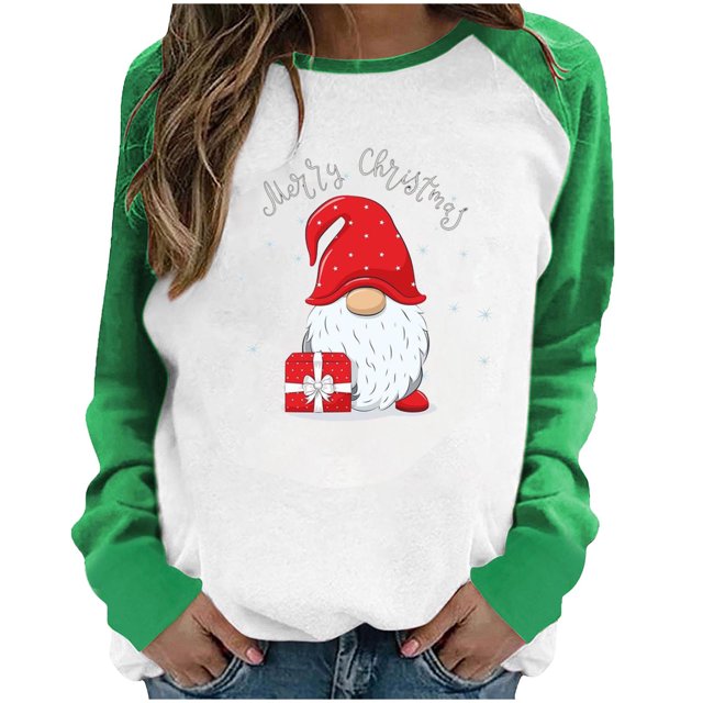 RKSTN Sweat-Shirt de Noël pour Femmes Patchwork Col Rond Imprimé Père Noël Manches Longues Confortable Blouse Régulière
