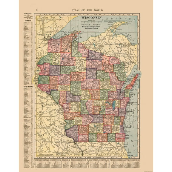Historic State Map - Wisconsin - Hammond 1910 - Vintage Wall Art