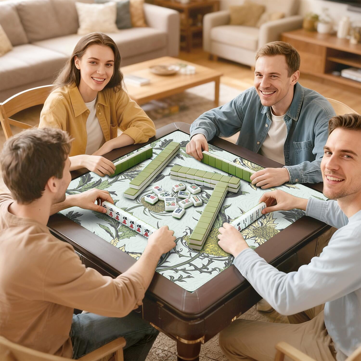 Floral Mahjong Tile Playing Mat 31.5 Inch Square High Quality Rubber Material with Anti-Slip Properties for Table Top Gaming