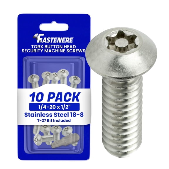 Fastenere Torx Security Machine Screws - 1/4-20 x 1/2" (10-Pack) Stainless Steel, Tamper-Resistant, Button Head Screws, Bolt Screw for Higher Level of Safety & Theft Prevention