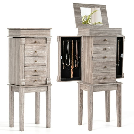 Giantex Drawers Armoire Cabinet, Standing Storage Chest with Mirror, 8 Necklace Hooks Wooden Organizer, Bedroom Jewelry Furniture with 2 Side Swing Doors, Grey