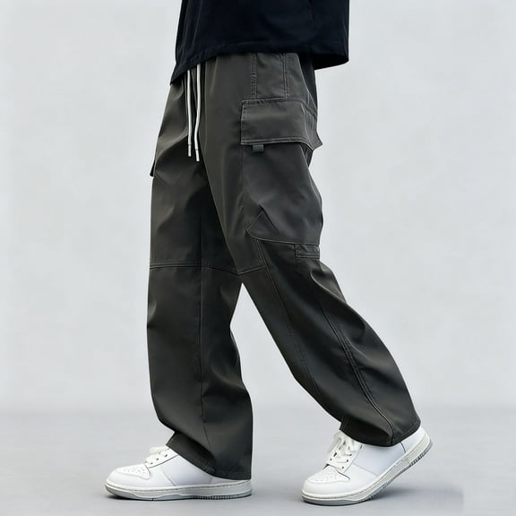 BRGZLK Boys Cargo Pants Wide Leg Pants Teen Kids Drawstring Straight Trousers with Pockets Kids Trendy Long Pants Army Green 15-16 Years