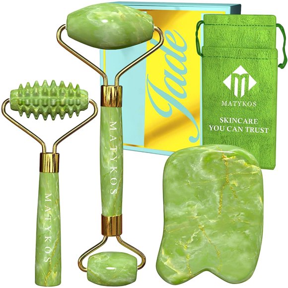 Juego de rodillo de jade para rostro y gua sha - 2 rodillos faciales antienvejecimiento y herramienta facial gua-sha - Masajeador facial y corporal para su rutina de cuidado de la piel - Herramientas