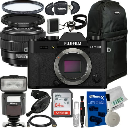 Ultimaxx Essential FUJIFILM X-T30 II Mirrorless Camera with 15-45mm Lens Bundle (Black) - Includes: 64GB Ultra Memory Card, Variable Neutral Density Filter & More (23pc Bundle)