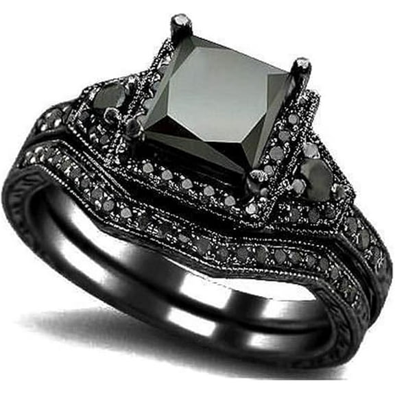 Divine Creation 3.00 Ct Princess Cut Black Diamond Wedding Engagement Thanksgiving Christmas Bridal Ring Set 14K Black Gold Plated 925 Sterling Silver For Women's -4
