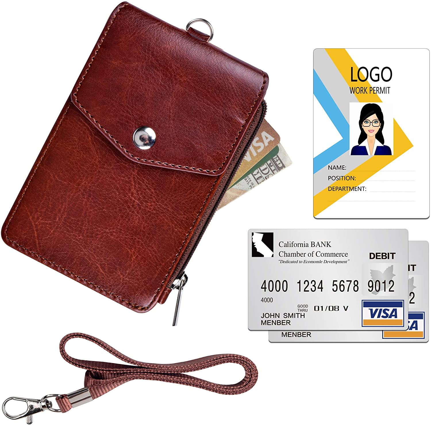 Arae PU Leather ID Badge Card Holder Wallet with Brown Cash Pockets Credit Card Slots and Detachable Lanyard/Strap Badge Holder with Zipper 2 ID Window 