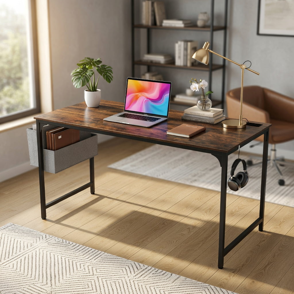 Yardi Yard 60 Inch Computer Desk with Charging Station Storage Bag-Rustic Brown, Computer Desk, Gaming Computer Desks for Study,Working,Writing