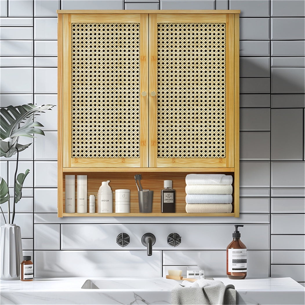 LUVODI Bamboo Bathroom Medicine Cabinet Wall Mounted Rattan Storage Cabinet for Small Spaces Laundry
