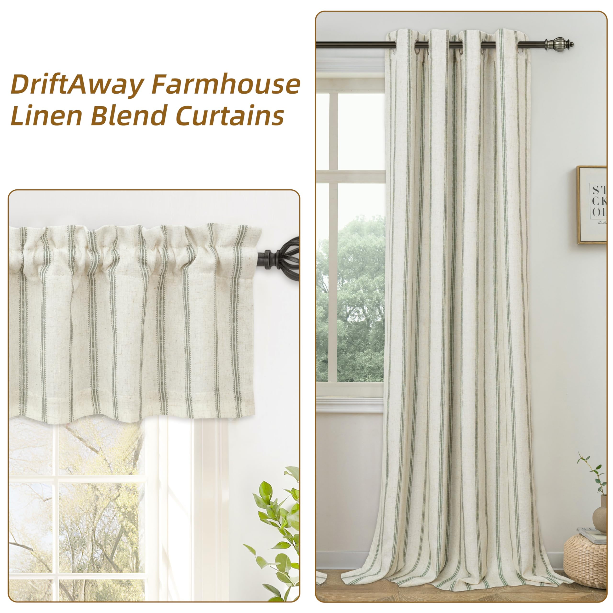 DriftAway Farmhouse Linen Blend Blackout Curtains 84 Inches Long for Bedroom Vertical Striped Printed Linen Curtains Thermal Insulated Lined Treatments for Living Room 2 Panels W52 x L84 Loden Green