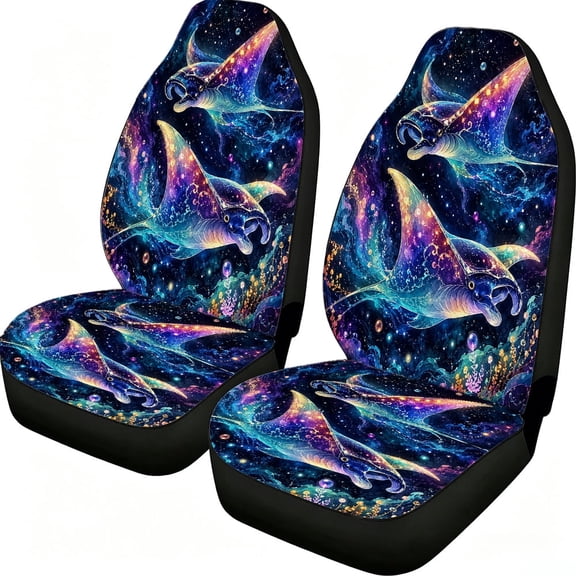 Odenmar Rainbow Manta Ray Galaxy Print Car Seat Covers 2 Piece, Mesh Fabric Front Seat Protectors Universal Fit for Cars Suvs Trucks Vans