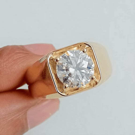 Forever Jewels 2Ct Round Cut Moissanite Men Engagement Solitaire Ring 14K Yellow Gold Plated
