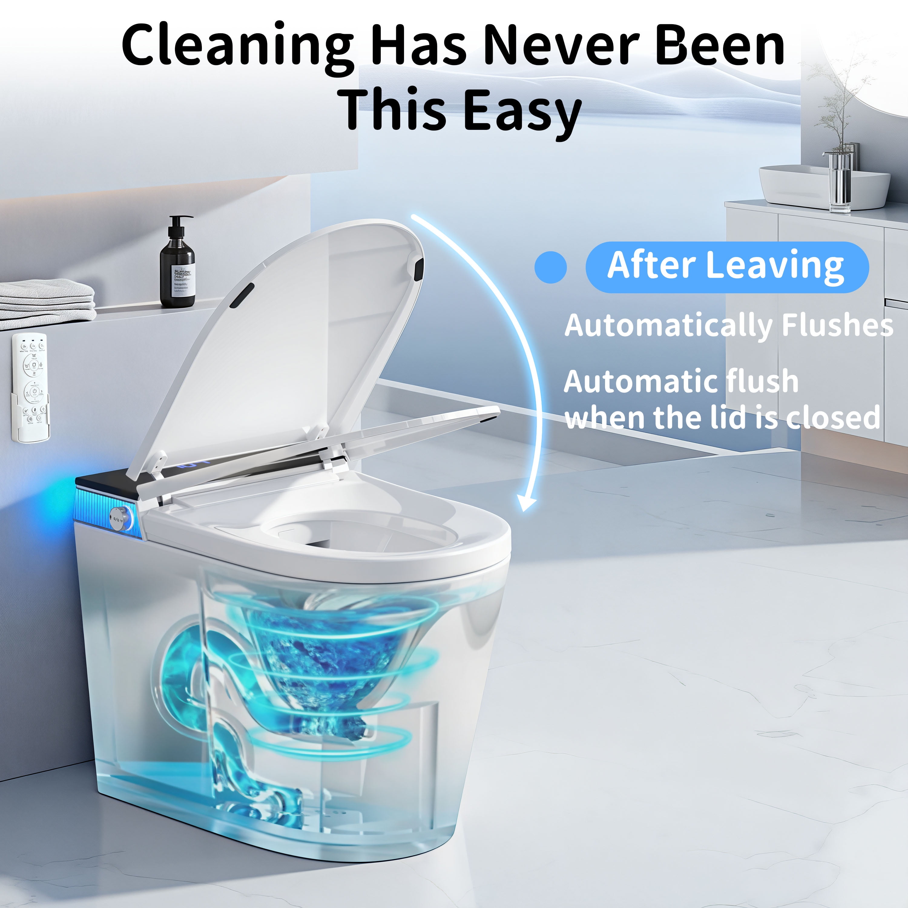 Smart Toilet Seat with Wireless Remote, Auto Flush, Warm Air Dry, Seat Heating, Female & Posterior Wash, Blue Ambient Light, IPX4 Waterproof, Energy Efficient, US Plug