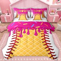 Homewish Watercolor Ink Painting 7 Pieces Bedding Comforter Set,Baseball Sport Full Bedding Set,Yellow White Hotpink Fitted Sheet Flat Sheet For Teens,Microfiber Bedroom Decor Reversible