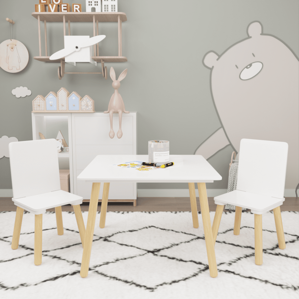3-in-1 Kids Table and Chair Set, Modern Wooden Activity Play Table Set with 2 Chairs, Toddler Craft Desk for Drawing, Painting, Home, Playroom, Children's Gift, White
