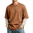 thumbnail image 2 of Hearthz Long Sleeve Work Shirts for Men Fake Two Piece Spliced Mens T-Shirts Crew Neck Contrast Streetwear Athletic Shirts for Men Light Brown S, 2 of 6