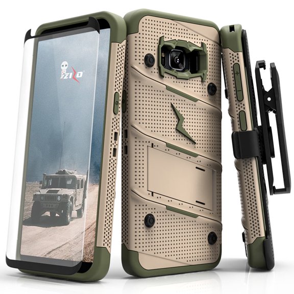 ZIZO BOLT Series Samsung Galaxy S8 Plus Case Military Grade Drop Tested with Tempered Glass Screen Protector Holster TAN CAMO GREEN
