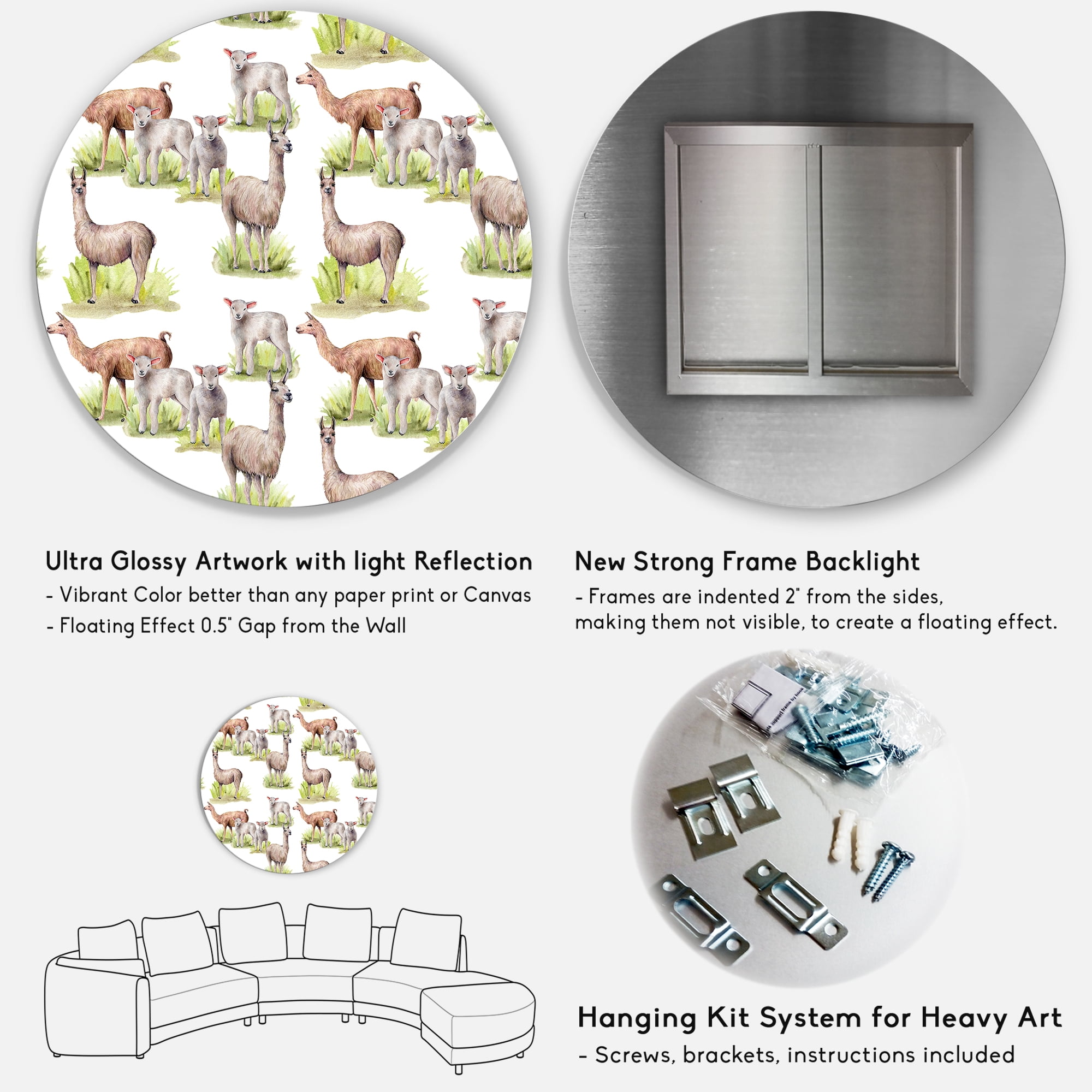 Designart 'Lambs and Lamas On A Green Meadow' Farmhouse Circle Metal Wall Art 36x36 - Disc of 36