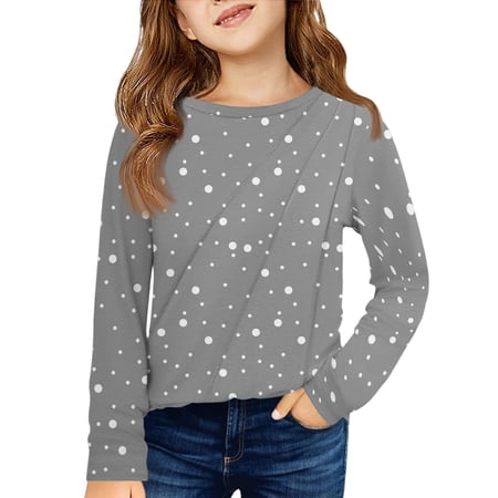 XADYUY Long Sleeve Shirts for Girls 10-12 Pleated Polka Dot Crewneck Shirts for Girls Fall Basic Top for Girls Cotton Blouses for Girls 7-8 Years