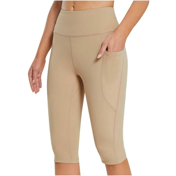 Womens Knee Length Yoga Pants with Pockets, Tummy Control Workout