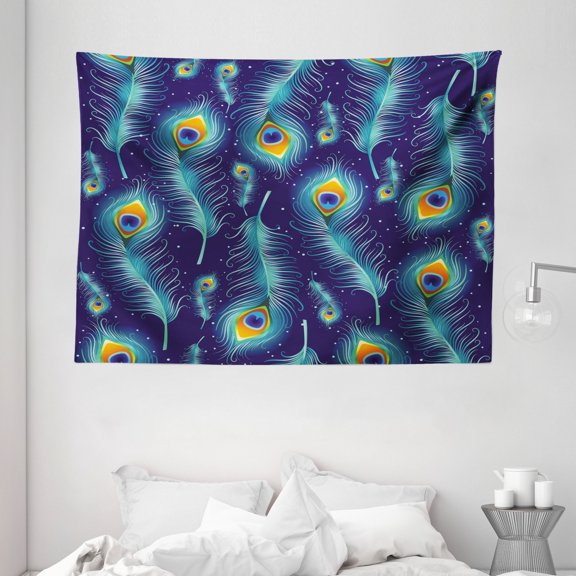 Peacock Decor Tapestry, Graphic Peacock Bird Feathers Artistic Background Design Image, Wall Hanging for Bedroom Living Room Dorm Decor, 80W X 60L Inches, Navy Blue Aqua and Orange, by Ambesonne