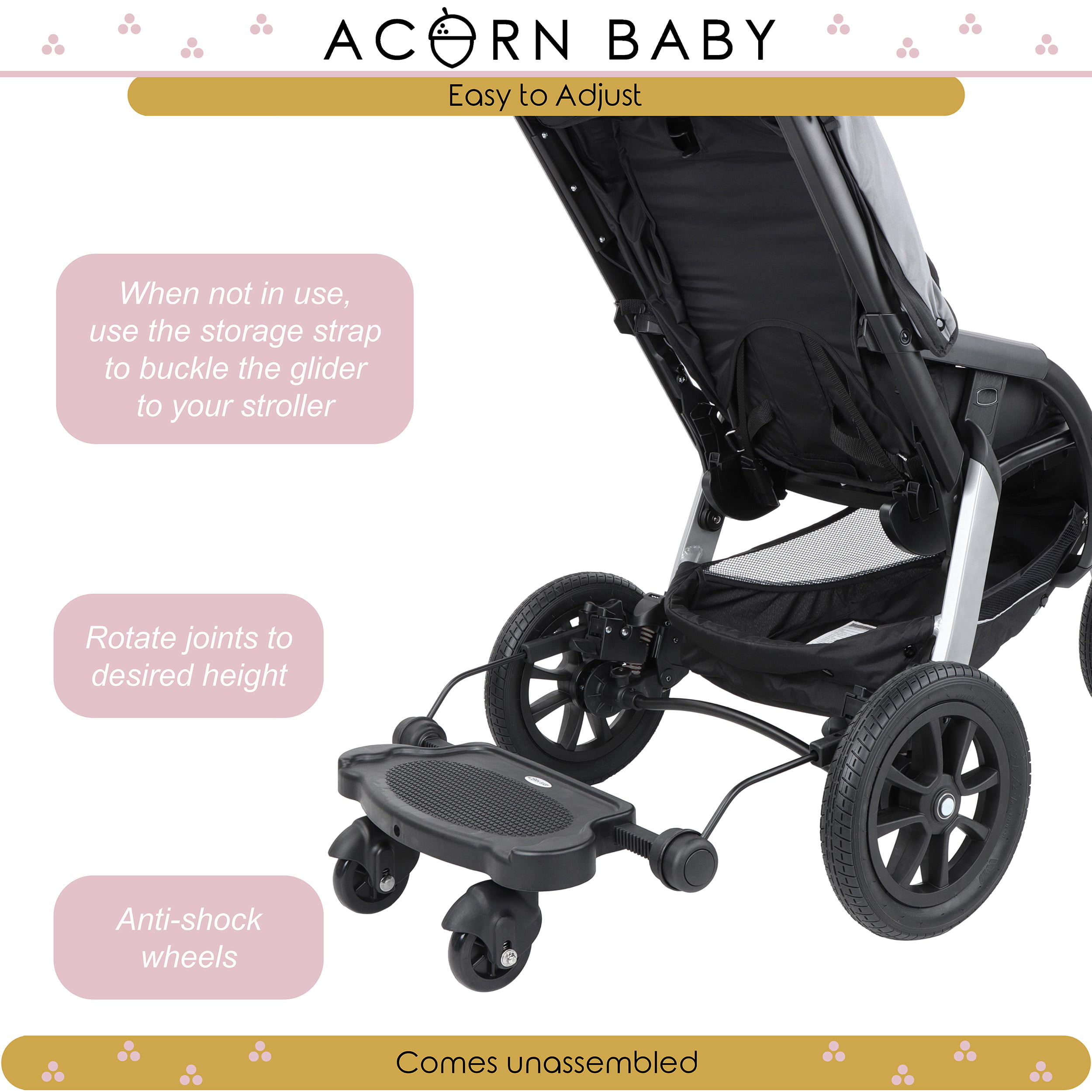 17.2 x 7 x 1.5in Black Quick Snap On and Off Attachable Stroller Standing Board Acorn Baby Universal Stroller Board 