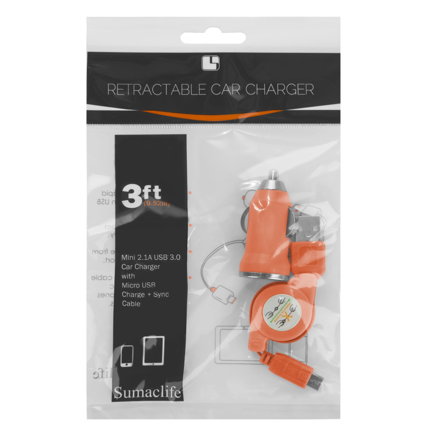 6 Pack Tangle-Free Retractable Micro USB Car Charging Cable For Cellphones, Digital Cameras, And Other Electronics (Orange)