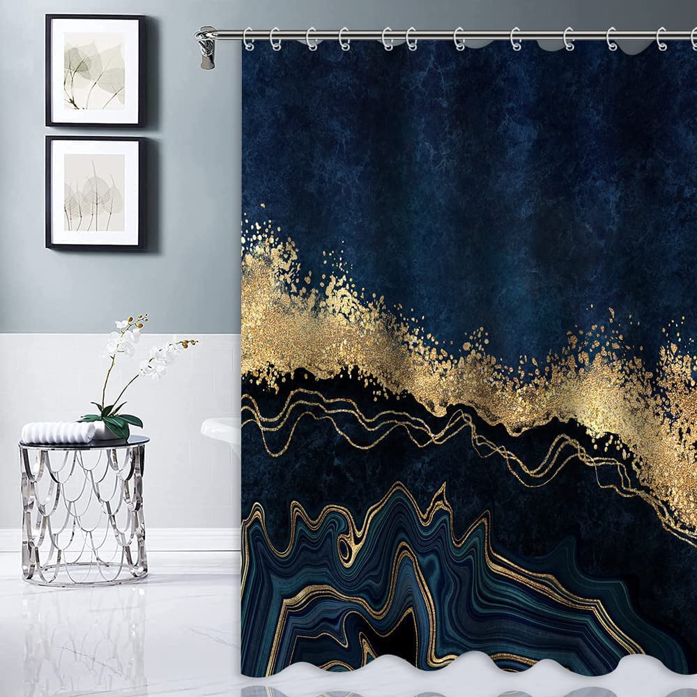 72x72 Inches Abstract Navy Blue Marble Shower Curtain Modern Luxury Grey Gold Marble Shower Curtains with Glitter Golden Cracked Lines Stall Fabric Bathroom Curtains