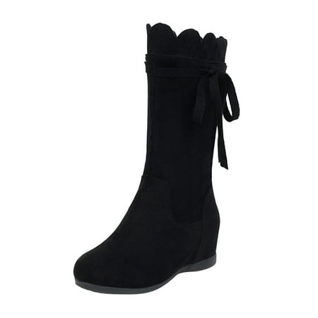

SEMIMAY Ladies Fashion Solid Color Flock Bowknot Decorative Wedge Heel High Side Zipper Medium Boots Black