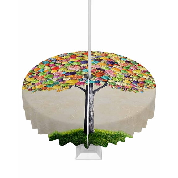 Hokiten Outdoor Tablecloths with Umbrella Hole & Zipper, Colorful Leaves Round Tablecloth 54 Inch, Spring Grass Abstract Art Landscape Waterproof Table Cloth, Patio/Pool/Picnic Table Covers