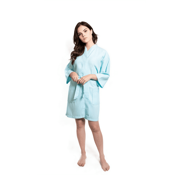 Women's Short Waffle Kimono Caribbean Blue Bathrobe (OneSize)