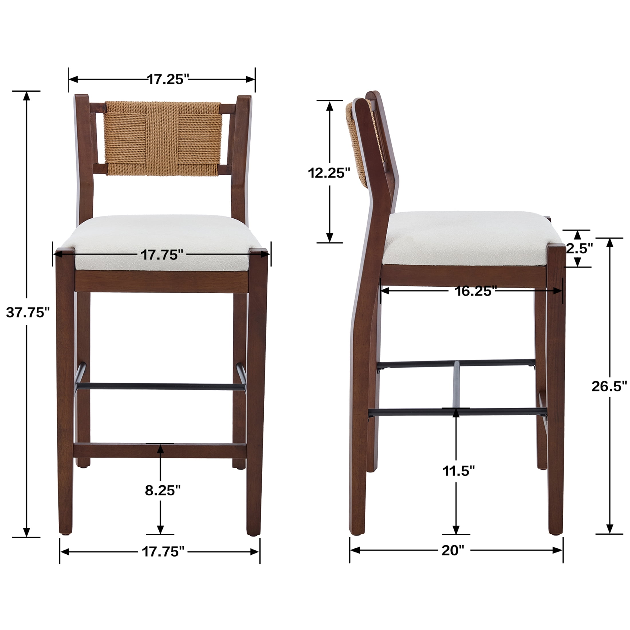 Guyou 26" Rattan Barstools Set of 2, Boho Solid Wood Counter Height Bar Stools, Chenille Upholstered Kitchen Island Chairs for Dining Room Bar, White