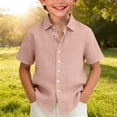 thumbnail image 2 of GiLiling Boys Button Down Shirt Cotton Short Sleeve Shirt Solid Summer Beach Shirt with Pocket (Pink, 9-10 Years), 2 of 8