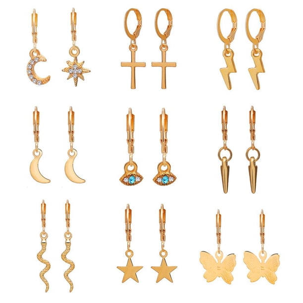 Juego De 9 Pares De Pendientes De Aro Para Mujeres Y Niñas, Pendientes De Aro De Estrella De Mariposa Con Abalorios Colgantes Moyic AP006378-01