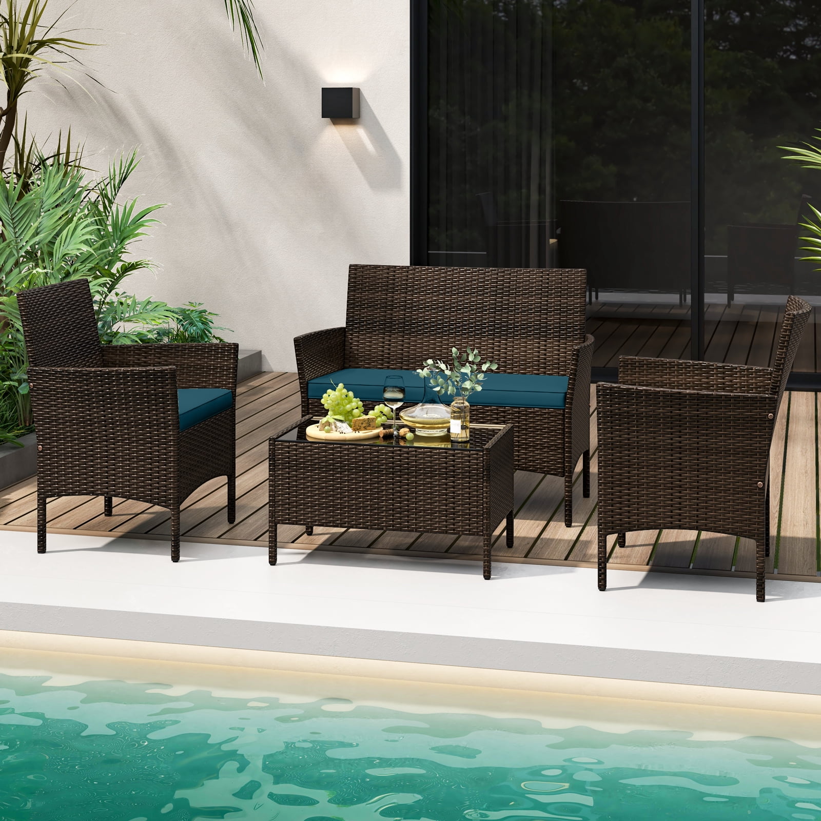 Topbuy 4 Piece Patio Rattan Conversation Set Outdoor Wicker Furniture Set w/ Chair Loveseat & Tempered Glass Table Peacock Blue
