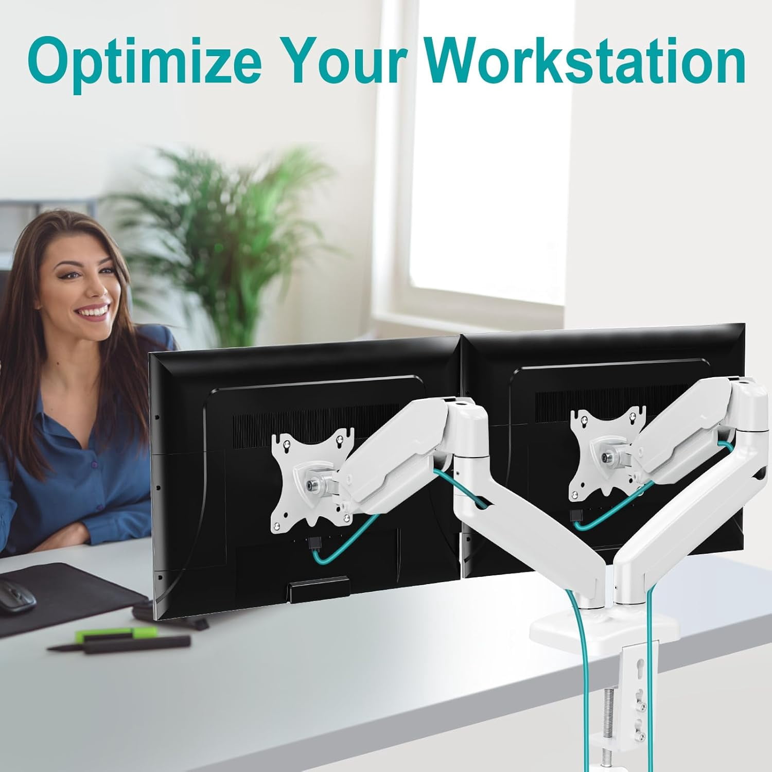 Dual Monitor Mount Fits 13 to 32 Inch Screen, Height Adjustable Monitor Stand for 2 Monitors, Full Motion Display Arm Holds  to 17.6lbs Each, Computer Desk VESA Mount, White