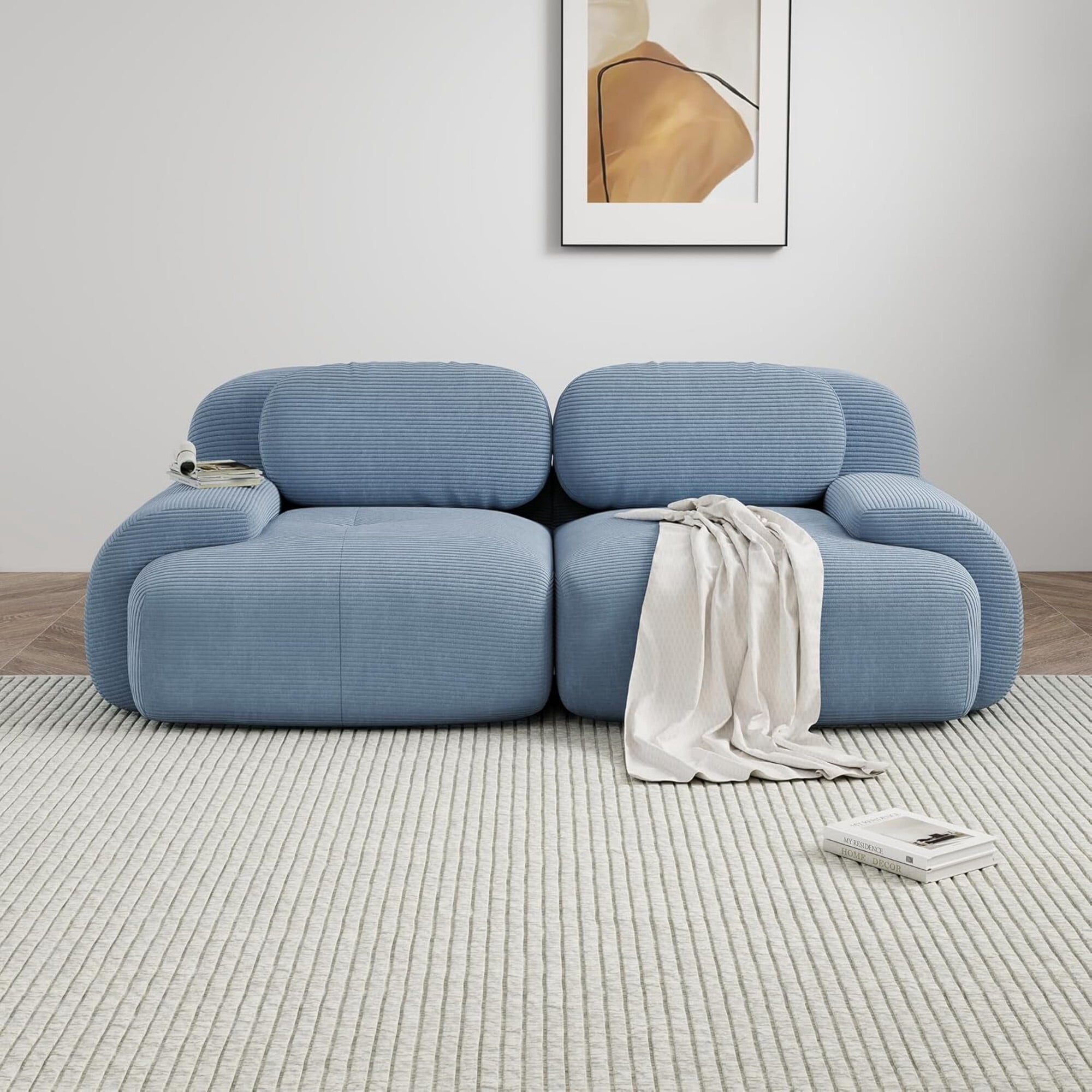 DEALTOPS 82" Oversized Corduroy Loveseat Sofa, Comfy 2-Seater Couch for Living Room & Bedroom, No Assembly, Blue