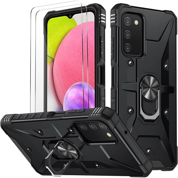 for Samsung Galaxy A03S Case, Galaxy A03S Case with Nano Explosion-Proof Film [2 Pack], Military Grade Double Shockproof with Kickstand Protective Case for Samsung A03S (Black)