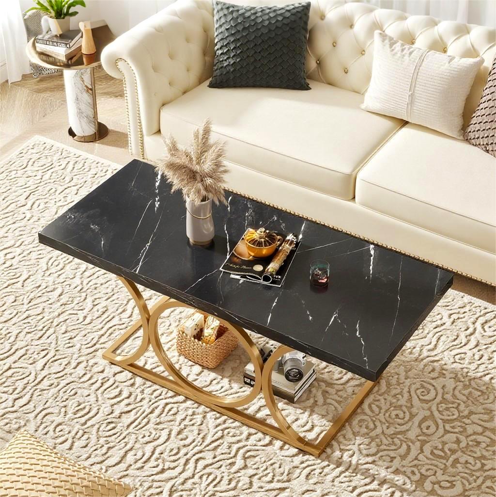 Fnova 47.24" Rectangular Coffee Table, Modern 2-Tier Imitation Marble Wood Coffee Tables with Storage Shelf for Living Room, Geometric Metal Legs, Easy Assembly