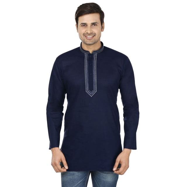 Kurta Courte en Coton pour Hommes Brodée Mode Indienne (Bleu Marine, G)
