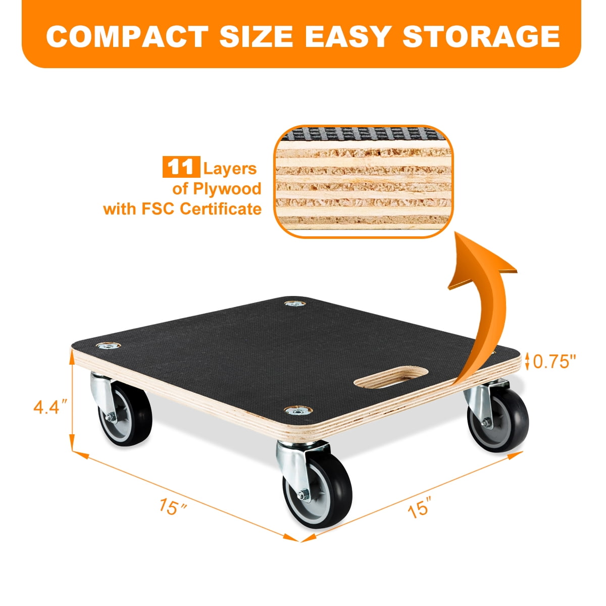 2Pcs 15-Inch Square Wood Platform Dolly, 550-lb Load Capacity Heavy Duty Wood Furniture Dolly, Multifunctional Movers Carrier with 4 Wheels for Outdoor Indoor Patio Flower Pots Pianos Furniture