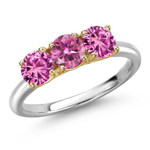 Gem Stone King 10K Two Tone Gold Pink Moissanite and Pink Created Sapphire Engagement Ring for Women | 1.60 Cttw | Round 5MM | Gemstone Birthstone | Size 6