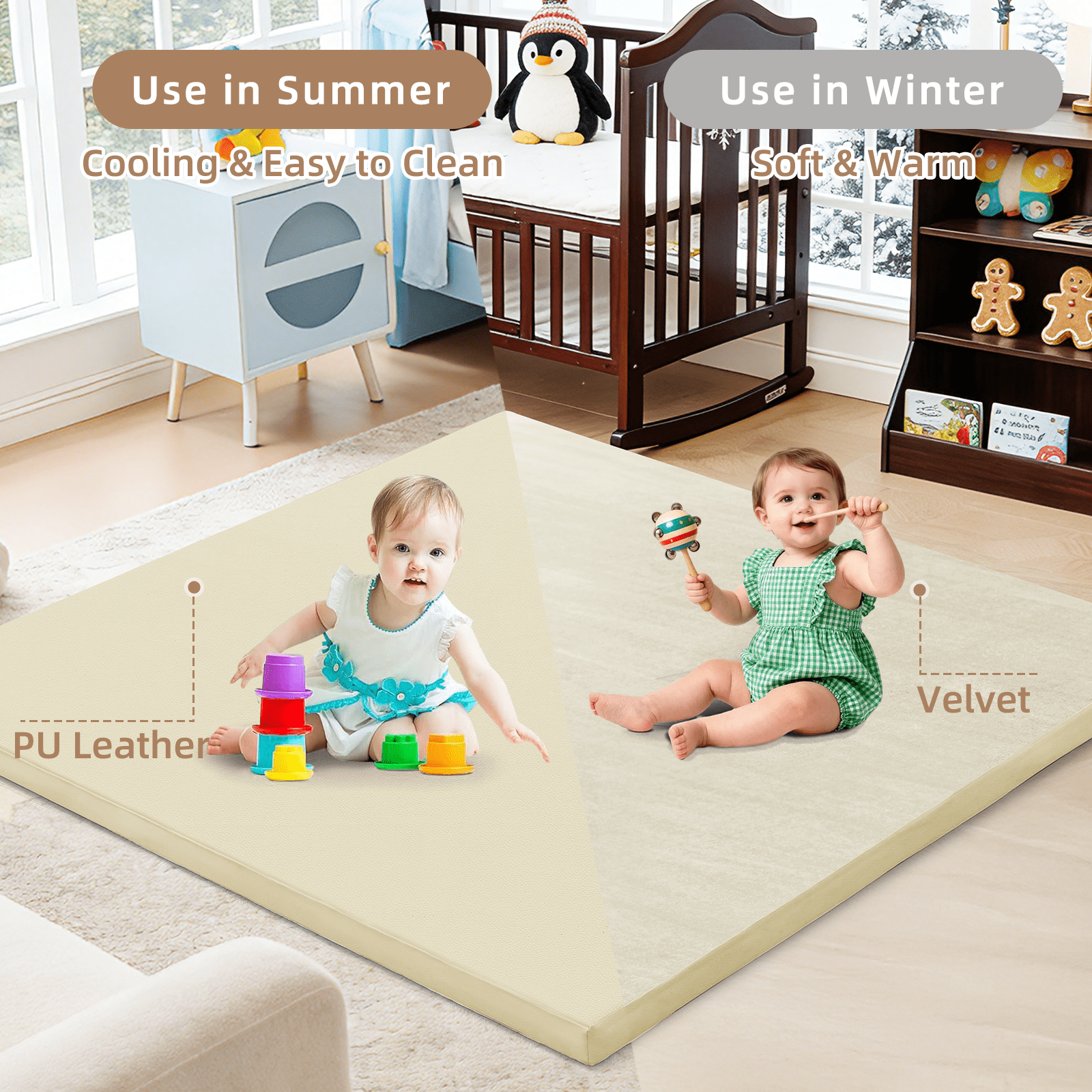 Teler Leather Baby Play Mat, 1.3" Thick Leather Crawling Mat, Cushioned & Waterproof Soft Playmat for Toddlers, Infants, 47" x 47", Beige