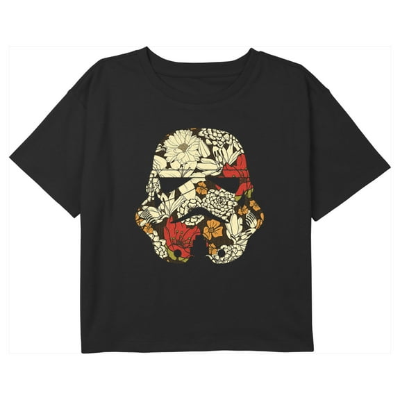 Girl's Star Wars Cute Retro Floral Stormtrooper Helmet Graphic Cropped T-Shirt Black Medium